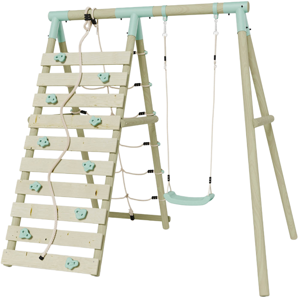 Mercia Wooden Round Pole Single Swing with Climbing Wall Image 1