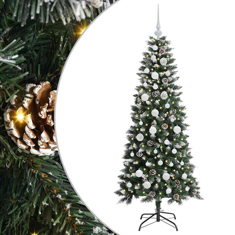 vidaXL Pre-Lit White Baubles Green Artificial Snow Tipped Christmas Tree 5ft Image 2