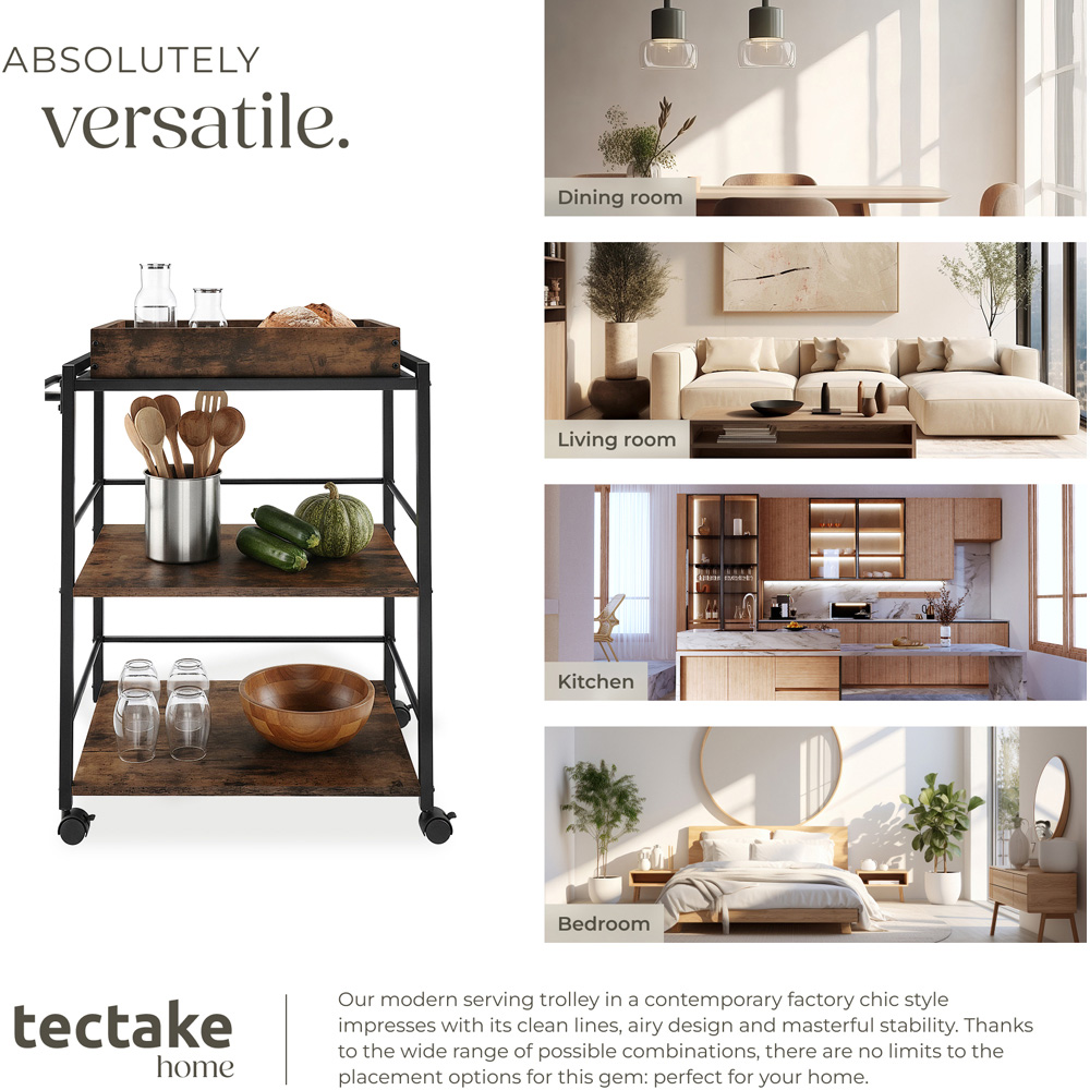 Tectake Worcester 3 Shelf Rustic Dark Wood Drinks Trolley Image 6