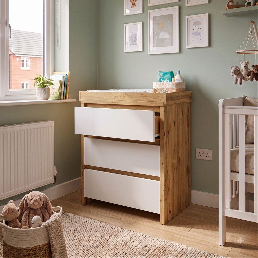 Shefa 880 3 Drawer Cremona Oak and White Kids Changing Unit Image 4