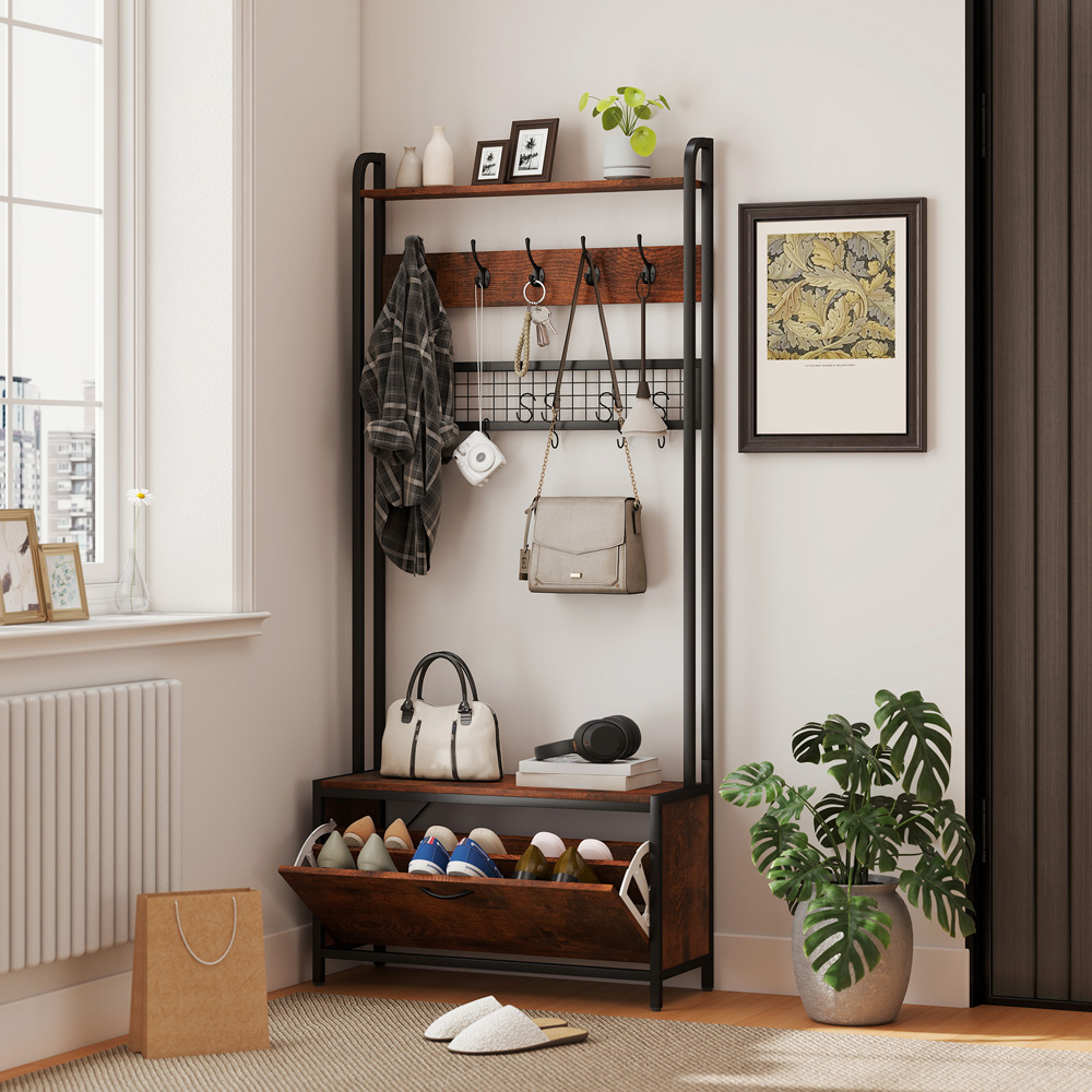 HOMCOM Single Flip Out Drawer 2 Shelf Rustic Brown Industrial Hall Tree Coat Stand Image 2