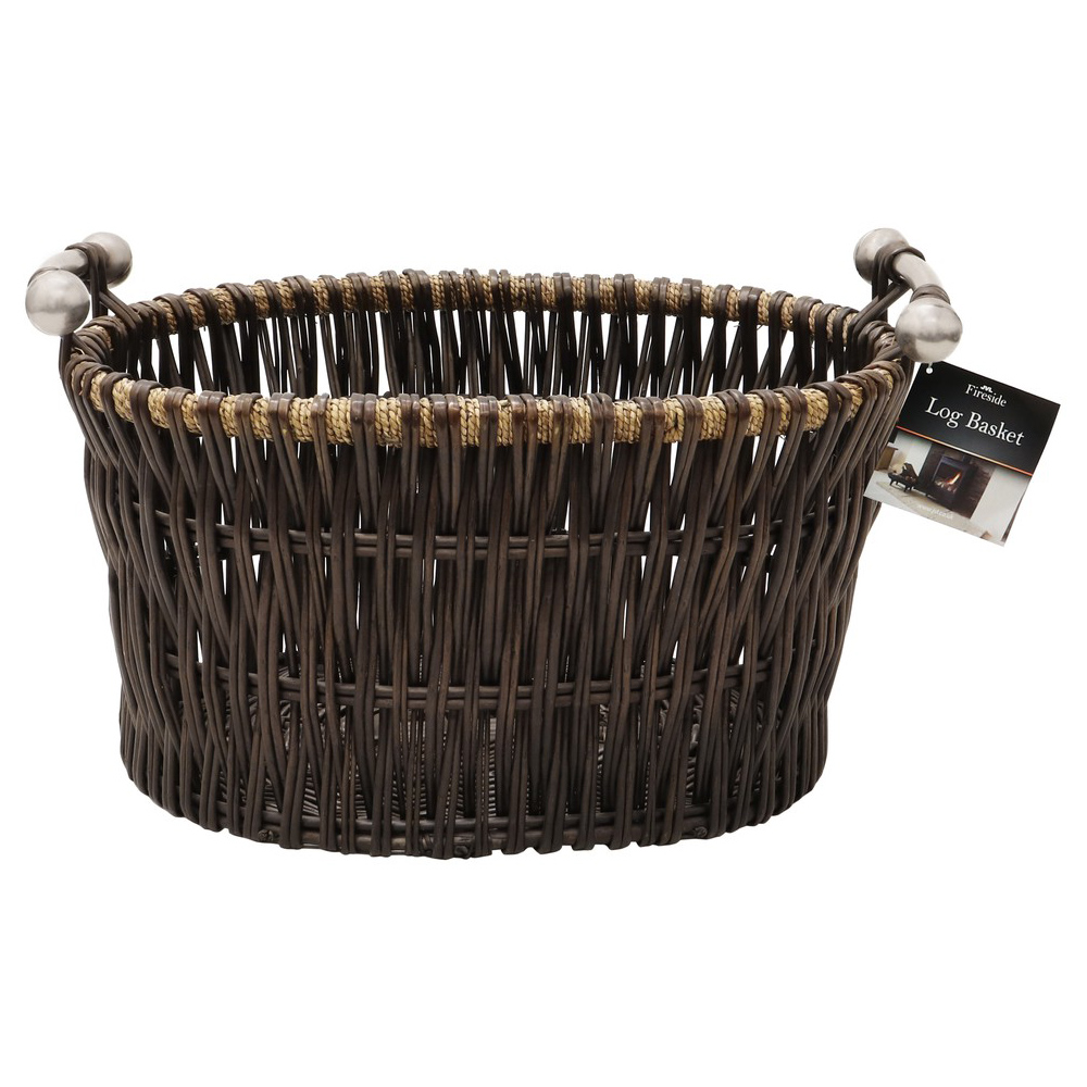 JVL Dark Willow Brown Log Basket with Metal Handles 35 x 55 x 44cm Image 2