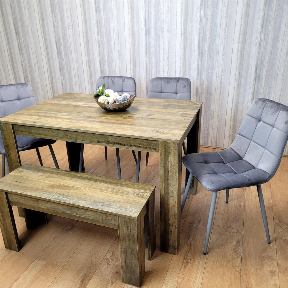 Portland 6 Seater Dining Set Rustic Effect and Grey Velvet with Bench Image 5
