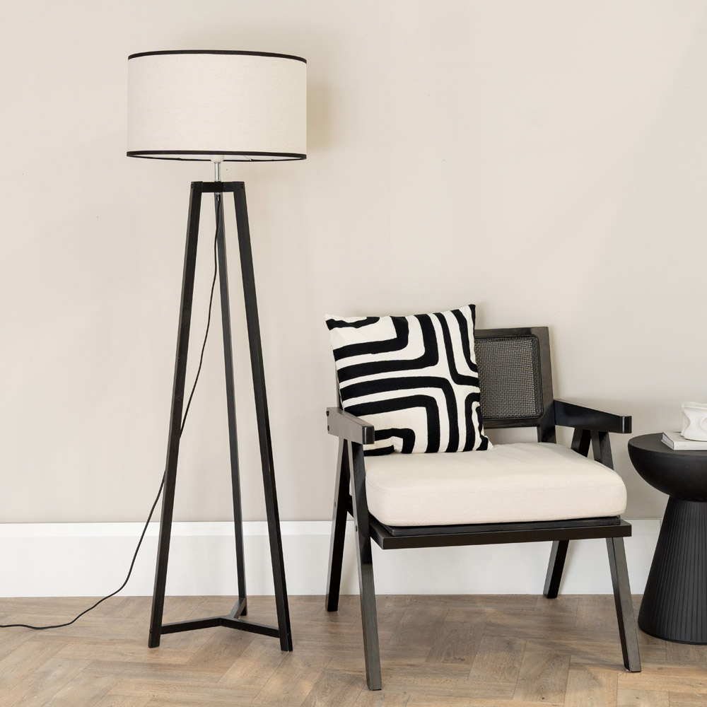 ValueLights Lottie Black Edge Drum Shade Black Wood Tripod LED Floor Lamp Image 3