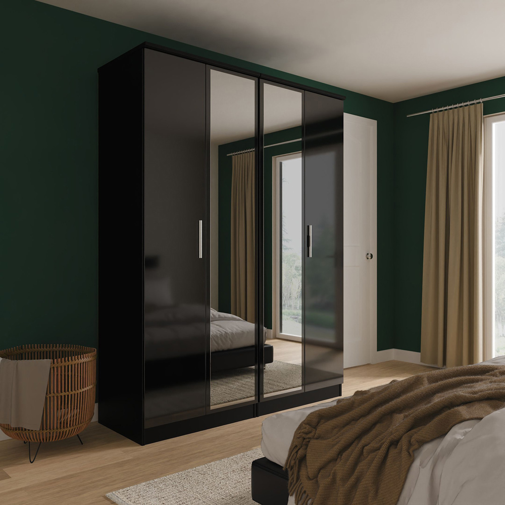 Crowndale Knightsbridge 4 Door Black Gloss and Black Tall Mirror Wardrobe Ready Assembled Image 9