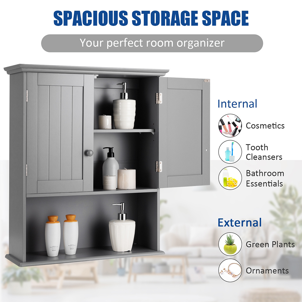 Costway 2 Door Single Shelf Grey Wall Mounted Storage Cabinet Image 5