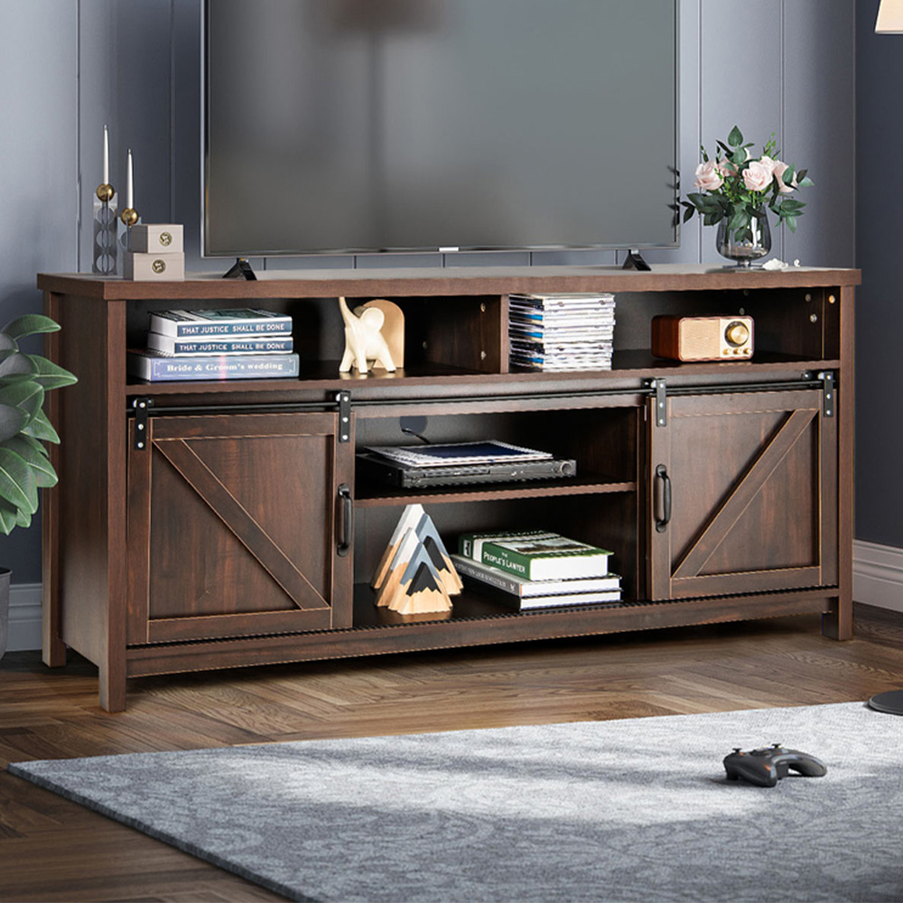 Costway Sliding Door Farmhouse Dark Brown TV Unit Image 1