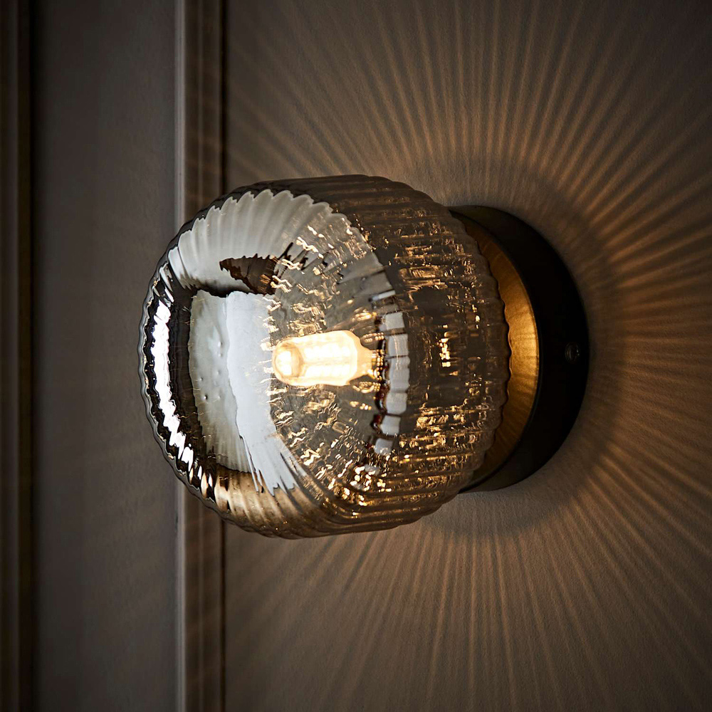 ValueLights Calpe Ribbed Smoked Shade Brushed Matte Black Flush Wall Light with Bulb Image 6