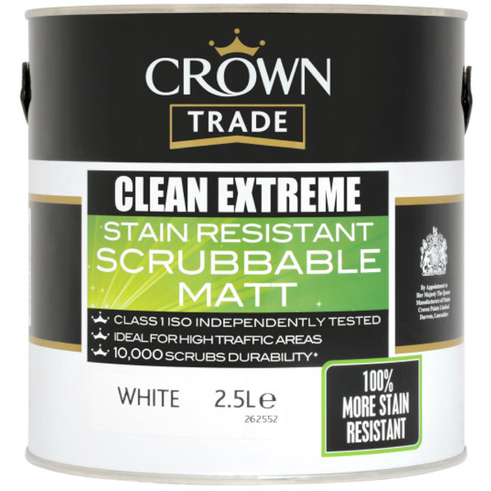 Crown Trade Clean Extreme White Stain Resistant Scrubbable Matt Paint 2.5L Image 2