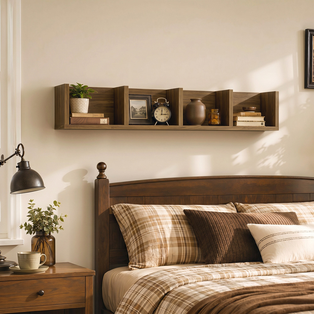 HOMCOM 4 Shelf Walnut Wooden Wall-Mounted Display Shelf Image 3
