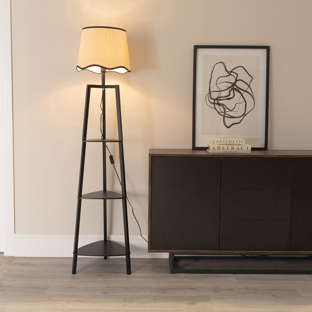 ValueLights Hiru Black 3 Shelf Black Trim Scallop Shade Floor Lamp with Bulb Image 2