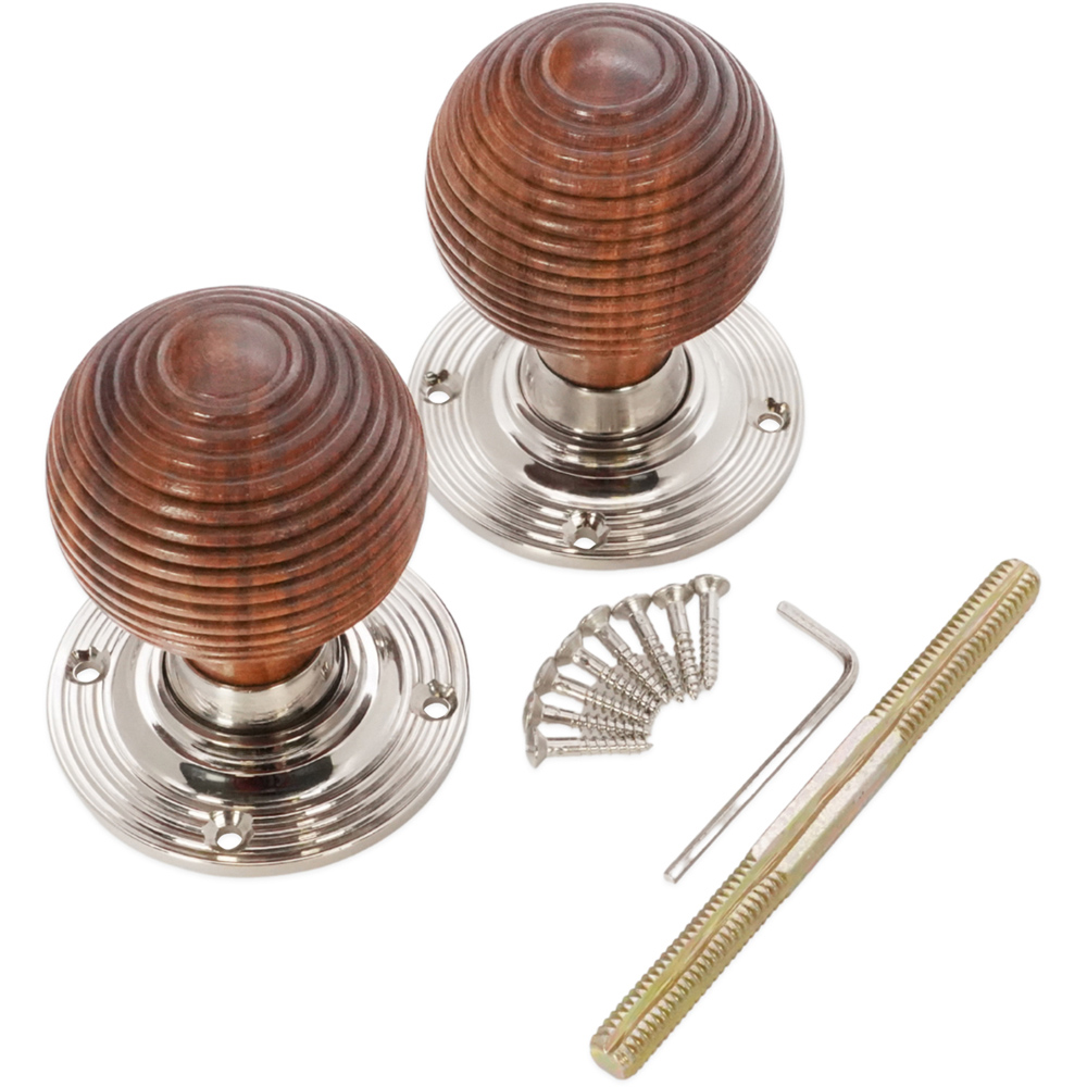 Spira Brass Polished Nickel Rosewood Beehive Rim and Mortice Door Knob 2 Pack Image 4
