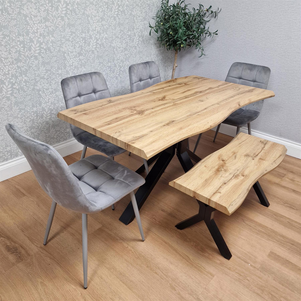 Kosy Koala Dakota 6 Seater Velvet Wooden Rectangle Dining Set with Bench Grey Image 2