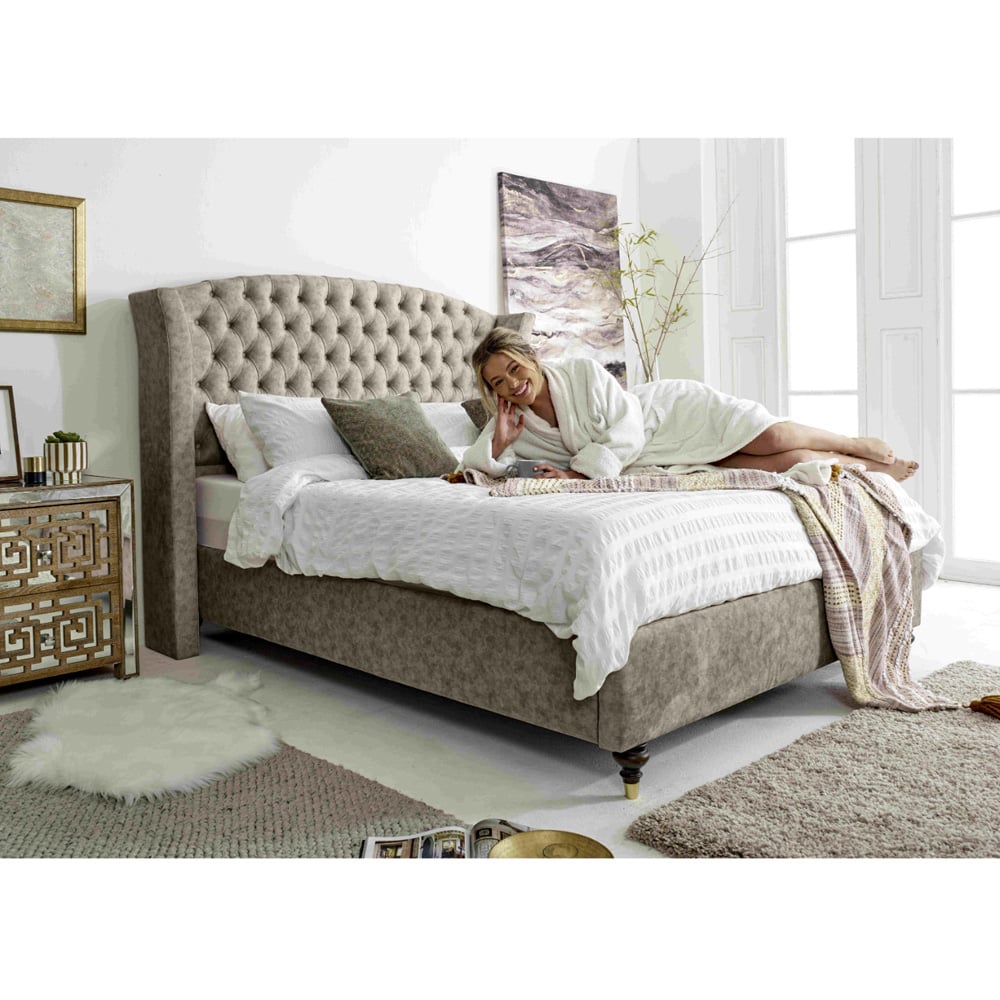 Eleganza Roseland Small Double Taupe Oakland Fabric Bed Frame with Chesterfield Headboard Image 5