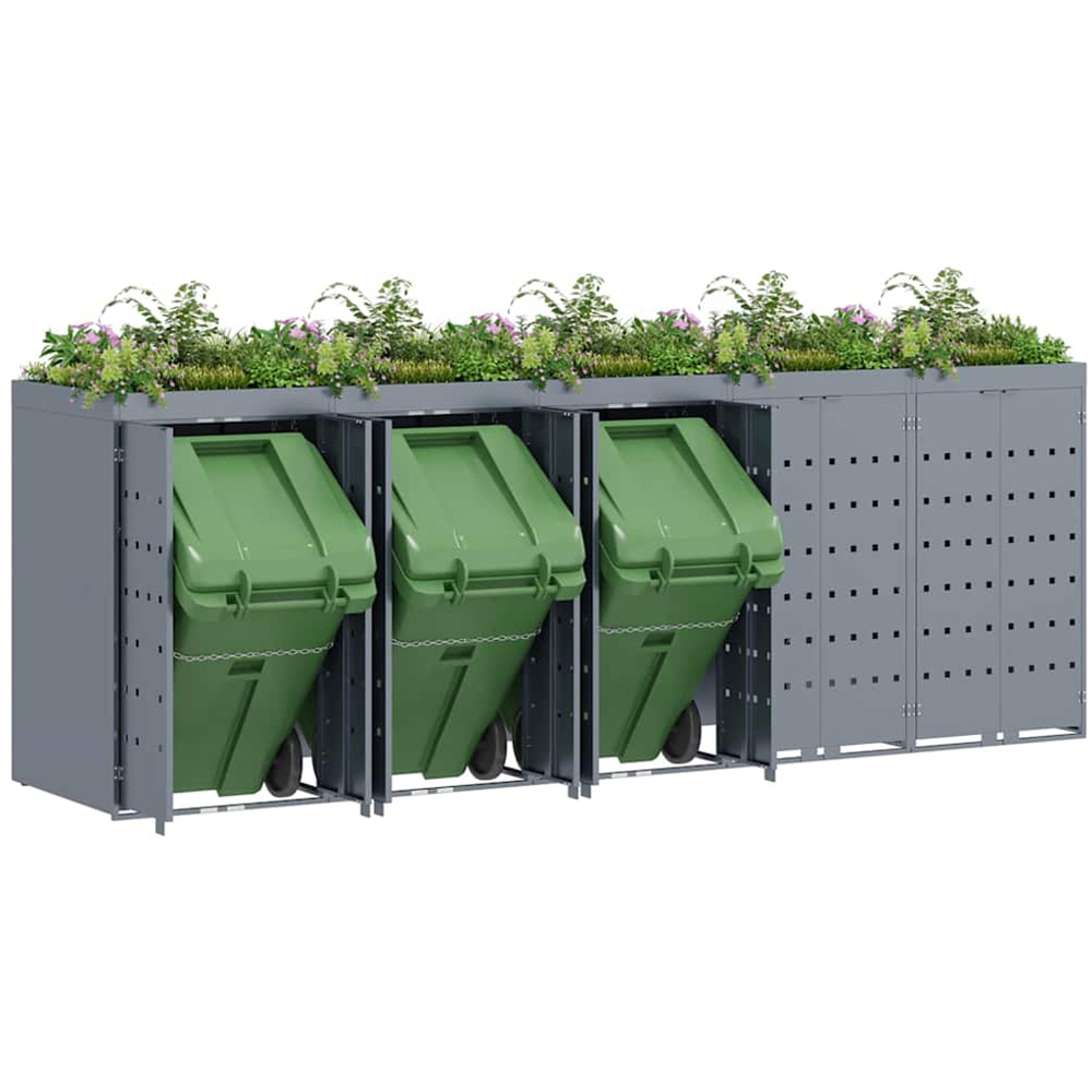 vidaXL Light Grey 5 Wheelie Bin Storage Shed with Planter Roof Image 3