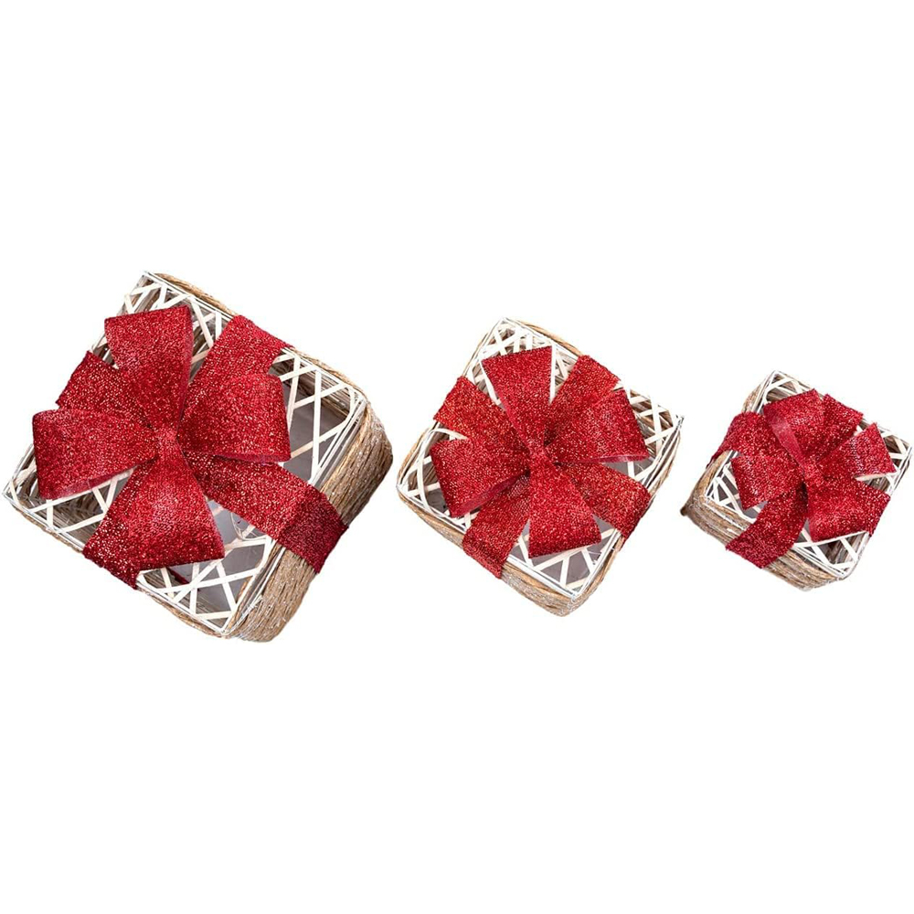 Shatchi Set of 3 Warm White LED Glitter Tartan Bow Rattan Parcels Image 2