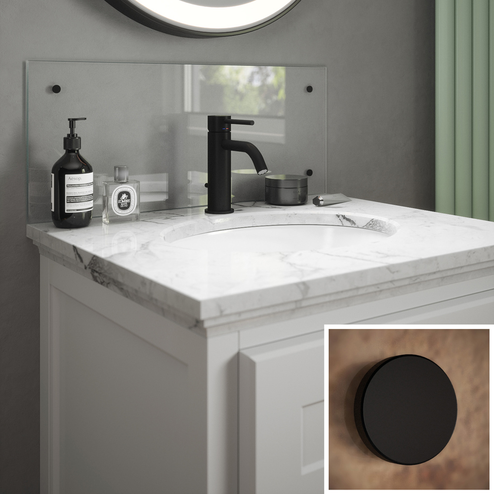 Splashback 0.4cm Thick Charcoal Bathroom Glass with Matt Black Caps 25 x 60cm Image 1