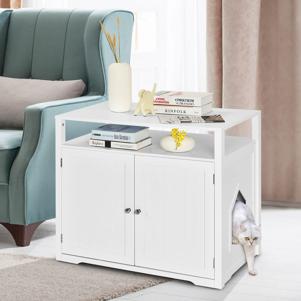 Costway White Cat Litter Box Enclosure with Adjustable and Removable Divider Image 2