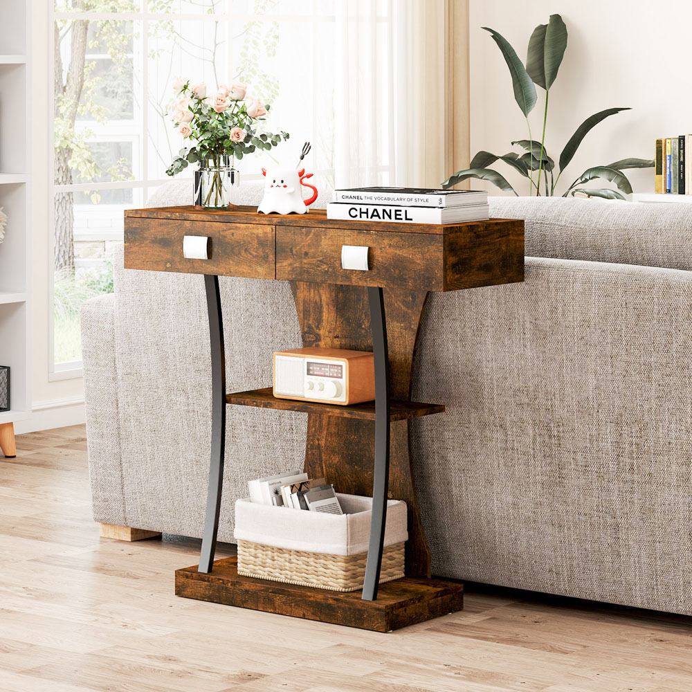 Costway Rustic Brown T Shape Console Table Image 4