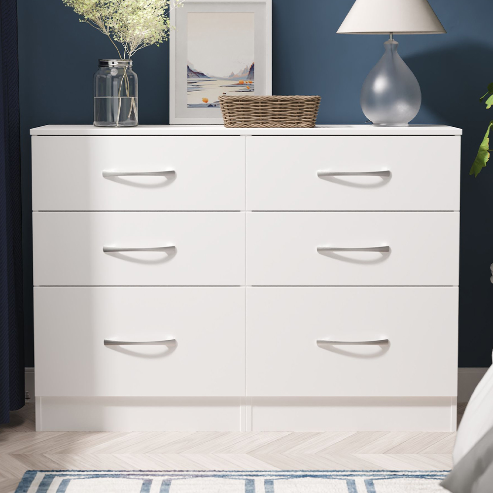 Crowndale Avon 6 Drawer Matt White Wide Chest of Drawers Ready Assembled Image 1