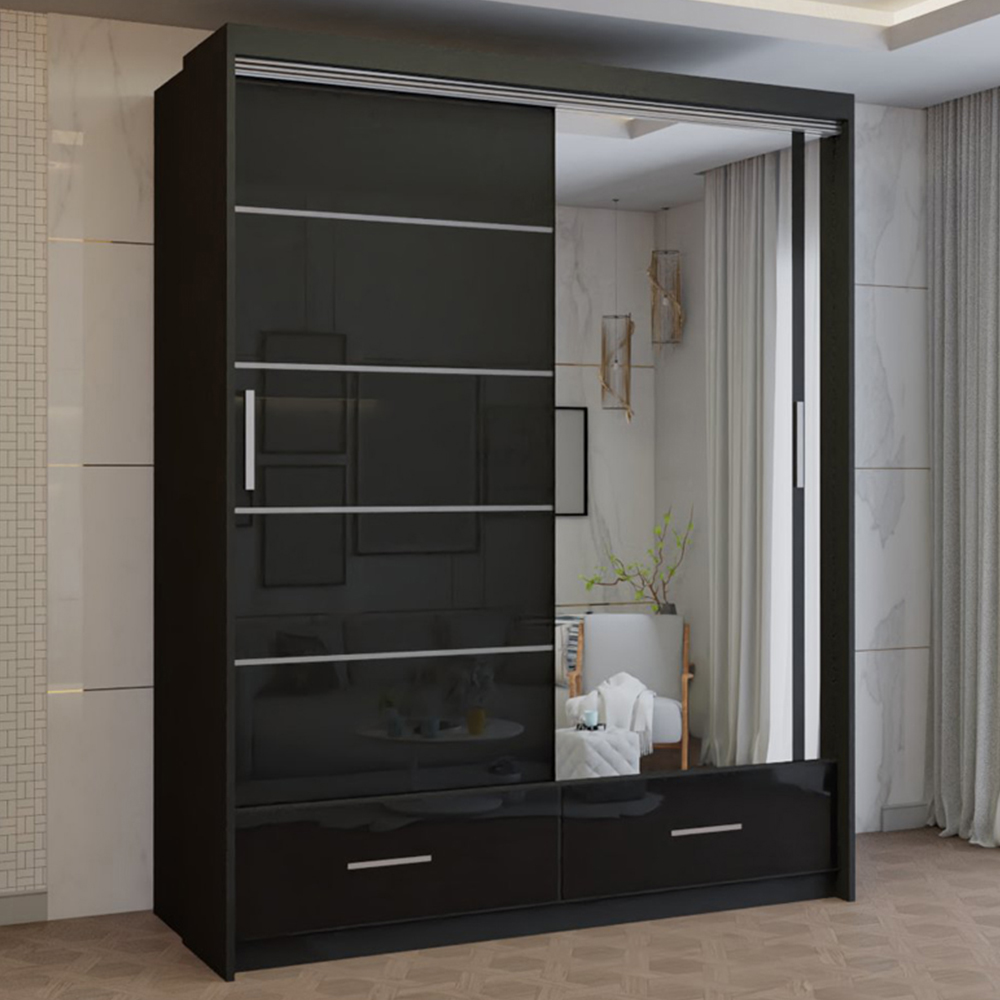 M N Furniture Seliyaa 2 Door 2 Drawer Black High Gloss Sliding Door Wardrobe 150cm Image 1