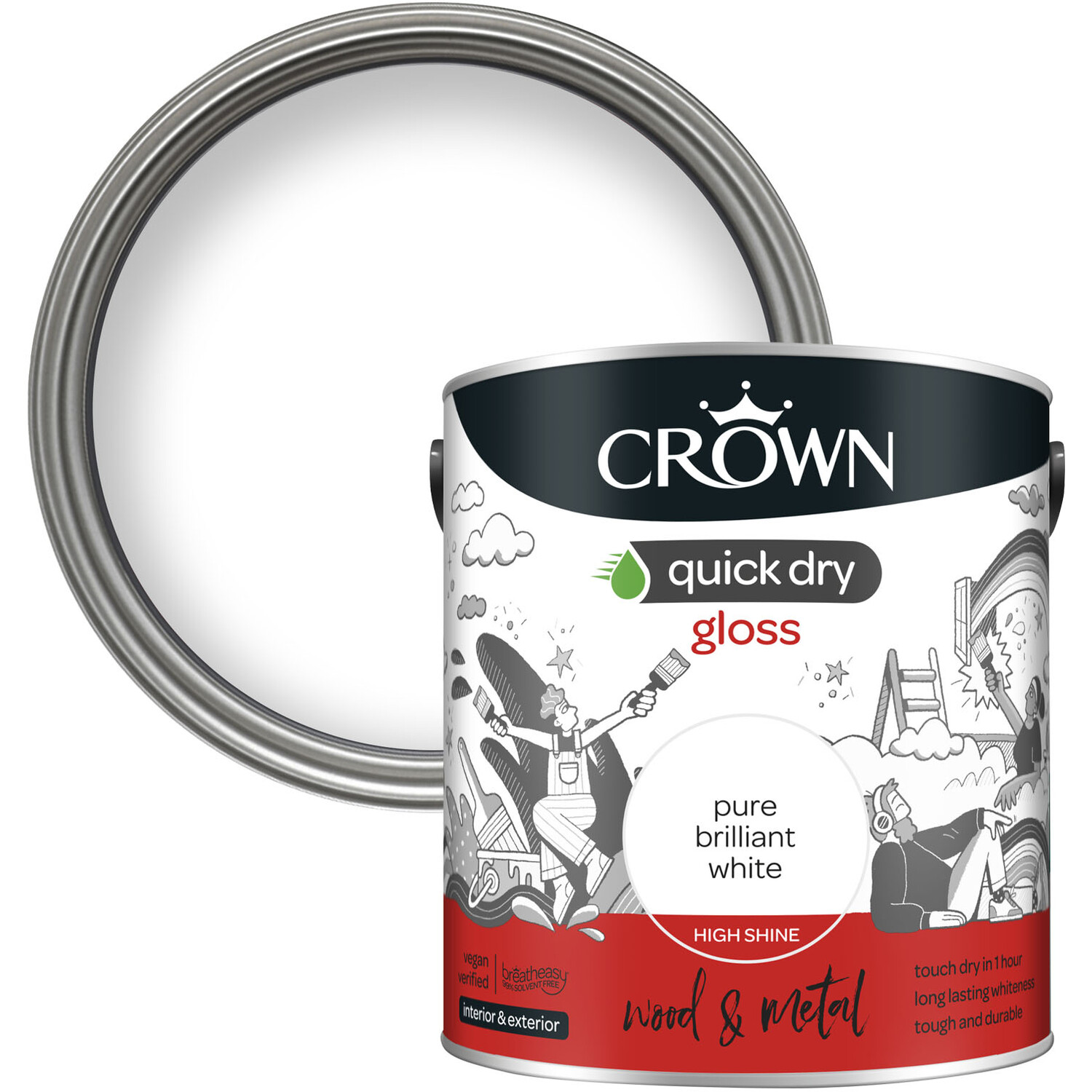 Crown Quick Dry Wood and Metal Pure Brilliant White Gloss Paint 2.5L Image 1
