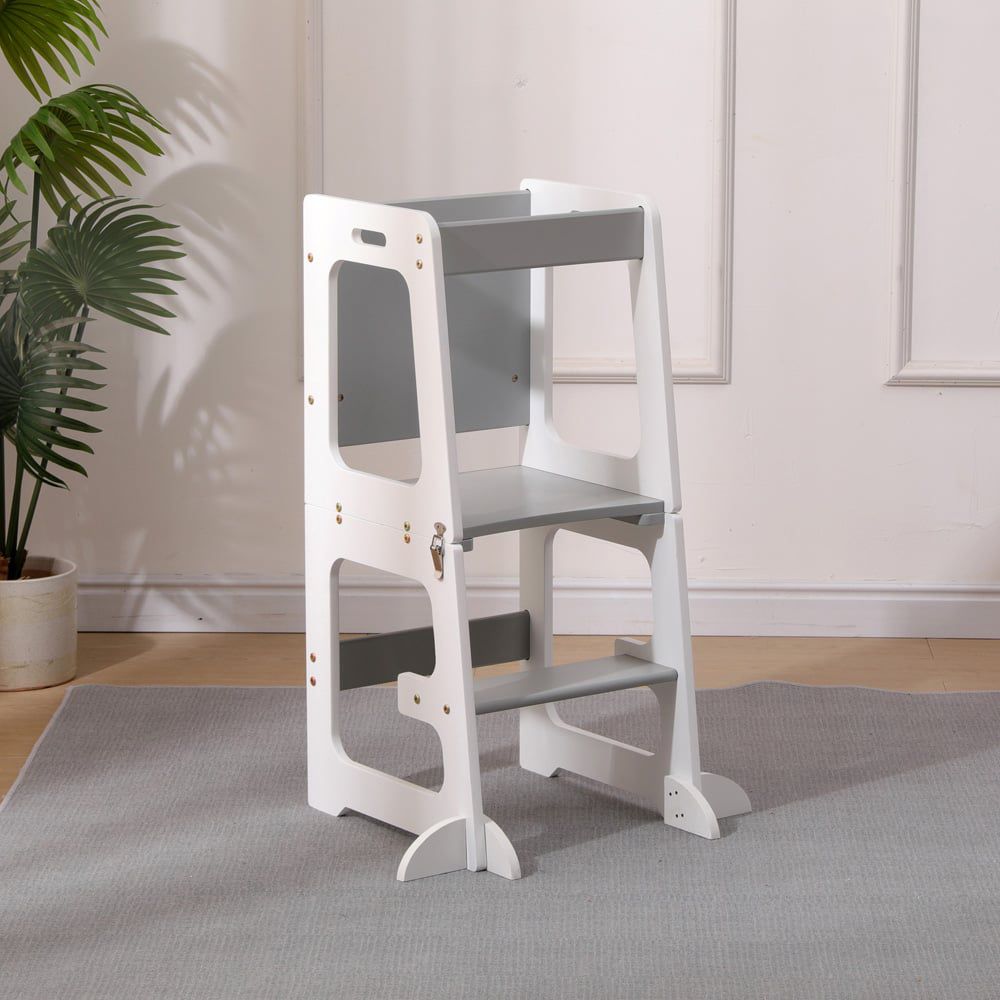 FurnitureHMD 2-in-1 White and Grey Kids Wooden Kitchen Step Stool with Blackboard and Safety Rail Image 8