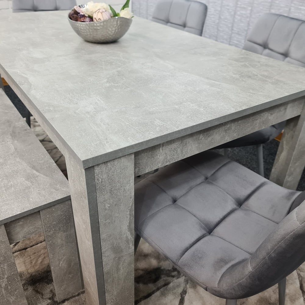 Portland Velvet 6 Seater Dining Set with Bench Stone Grey and Grey Image 2