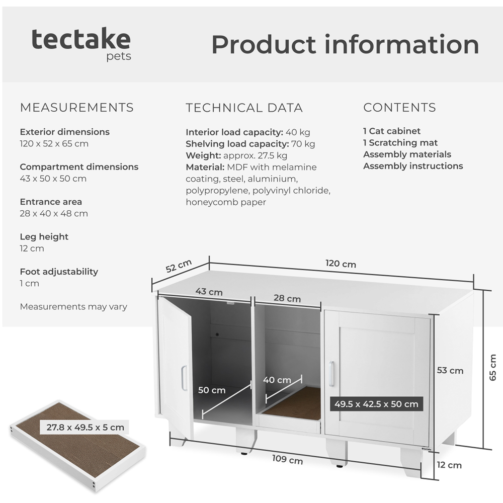 tectake Freya 2 Drawer Single Shelf Cat Cabinet with Scratching Mat Image 8