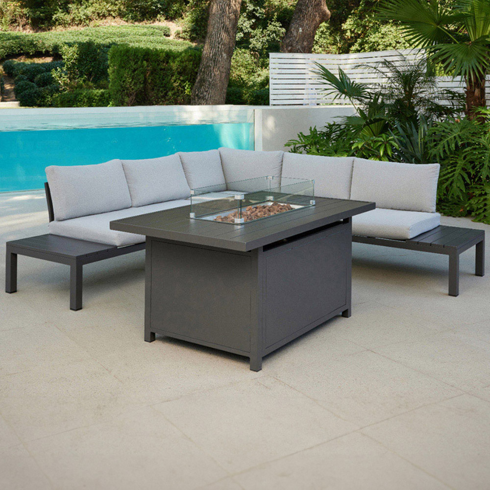 Home Detail Bahila 5 Seater Dark Grey L Shape Garden Sofa Set with Fire Pit Table Image 1