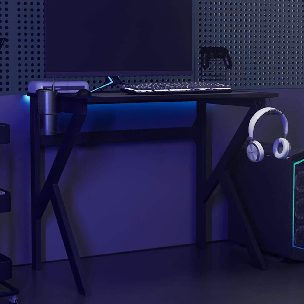 vidaXL K-Shaped Leg Gaming Desk with Headphone Holder Black 90cm Image 1