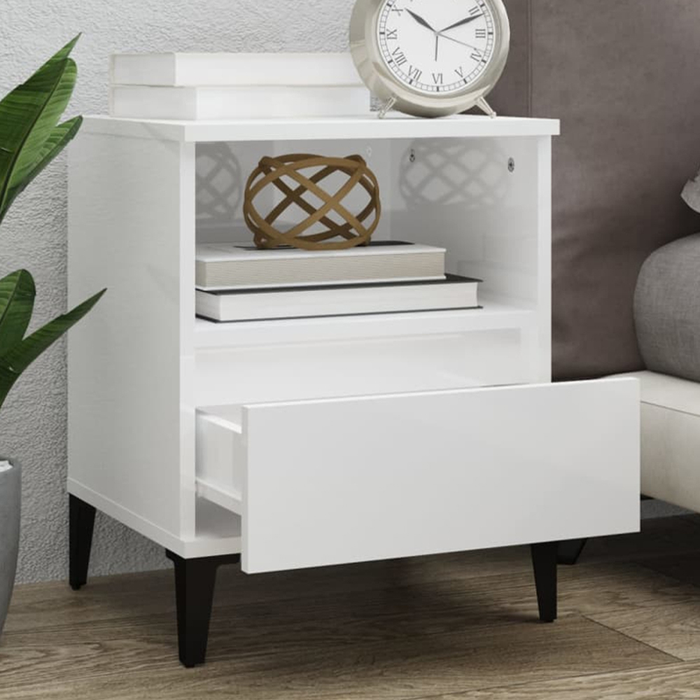 vidaXL Set of 2 Single Drawer Single Shelf High Gloss White Bedside Cabinet Image 1
