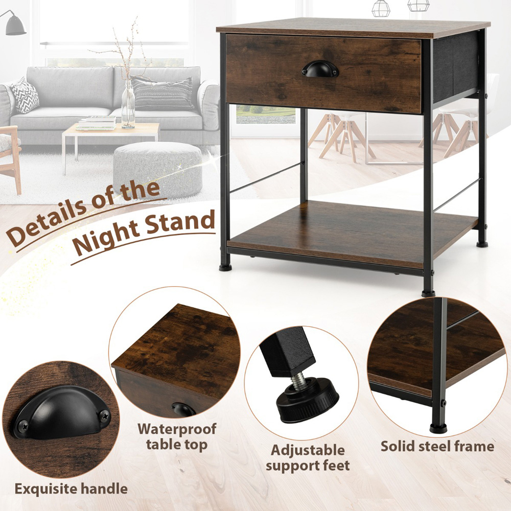 Costway Single Drawer Single Shelf Brown Bedside Table Image 7