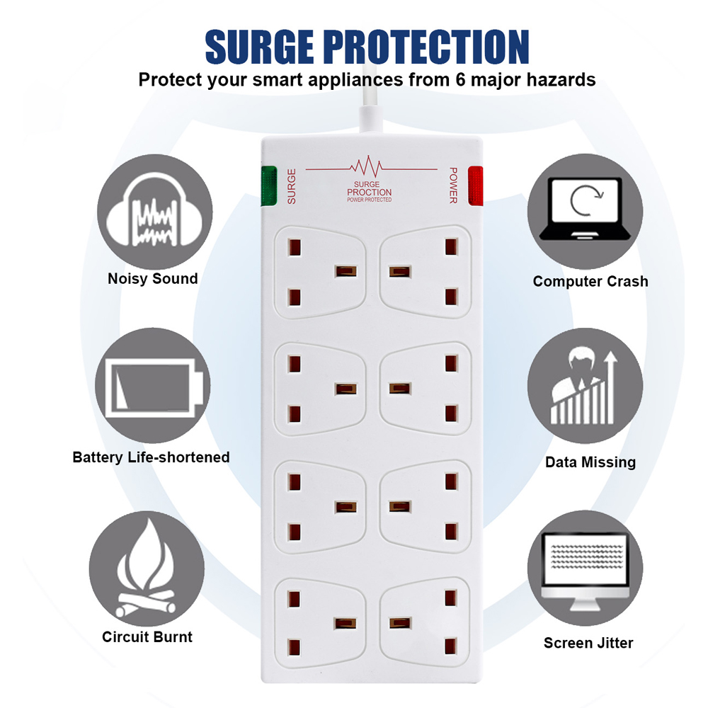 ExtraStar White 13A 3m 8 Socket Surge Protected Extension Lead Image 3