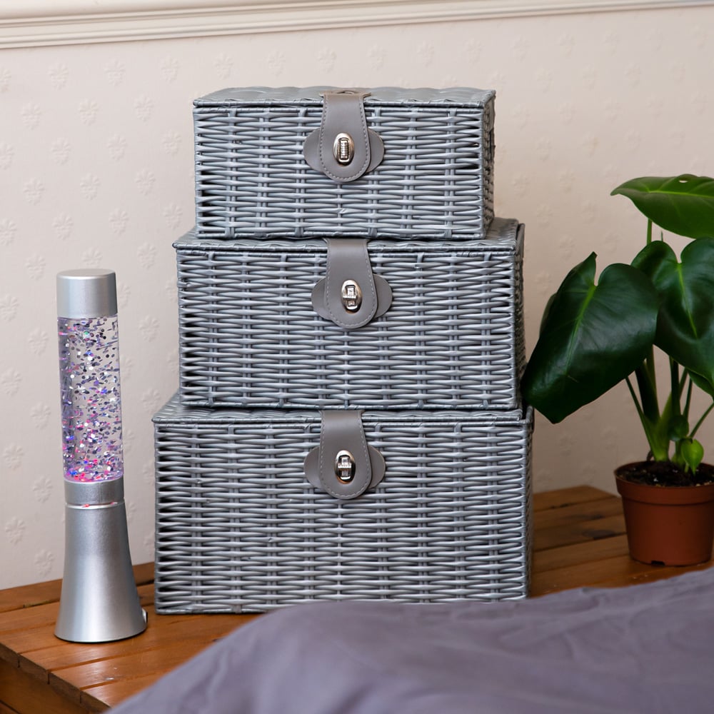 Innoteck Essentials Grey Wicker Woven Storage Basket with Lid 3 Pack Image 2