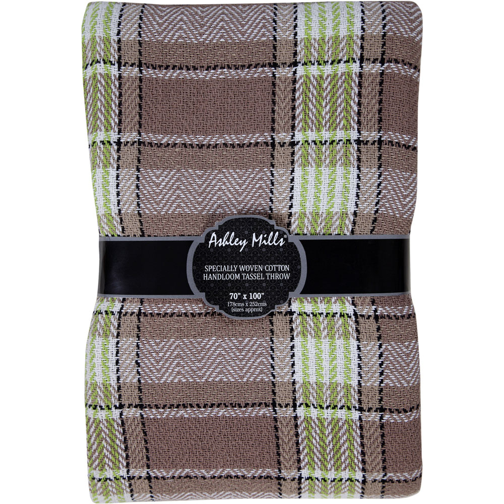 Velosso Natural and Lime Bourbon Check Cotton Woven Tasselled Throw 228 x 254cm Image 3