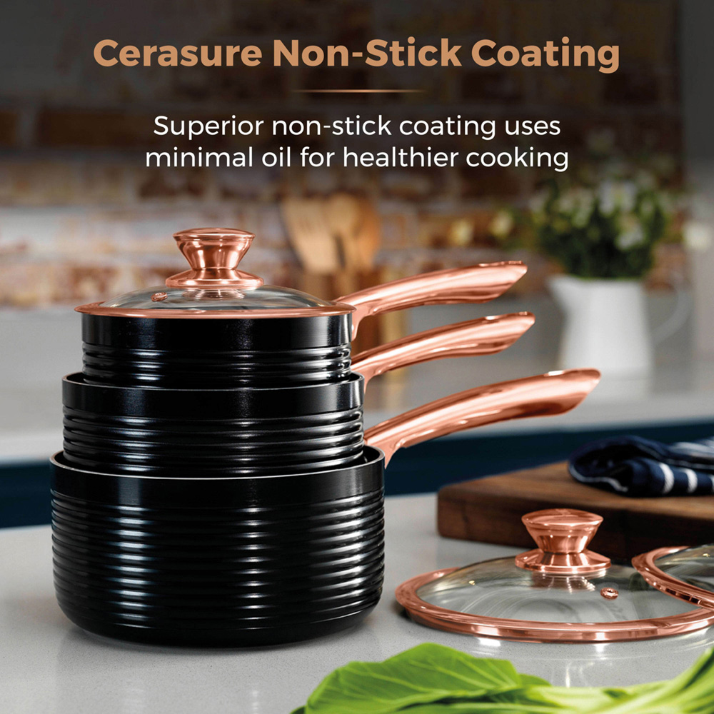 Tower Linear 3 Piece Black and Rose Gold Aluminium Non-Stick Saucepan Set Image 4