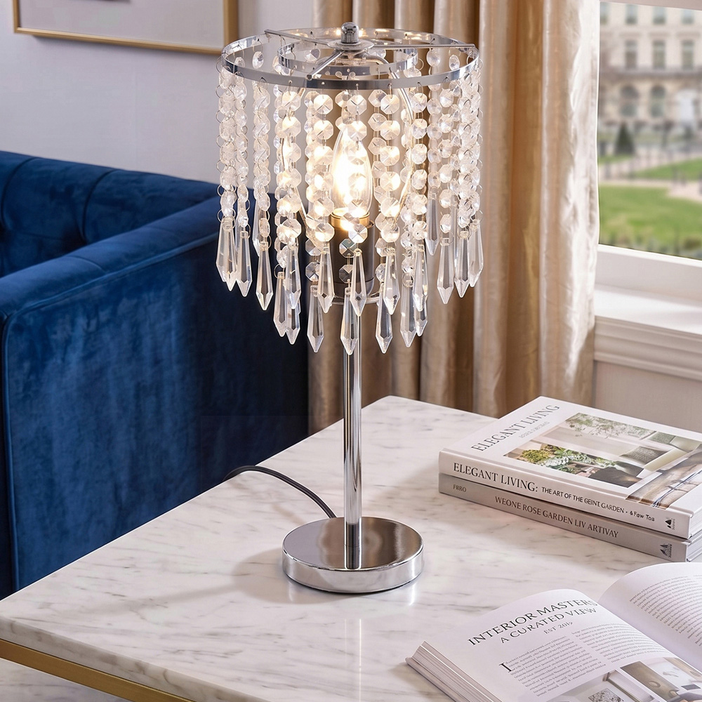 Living and Home E27 Screw Silver Crystal Beaded Shade Table Lamp 45cm Image 3