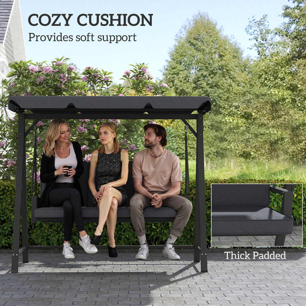 Outsunny 3 Seater Grey Garden Swing Bench with Adjustable Canopy and Cushion Image 7