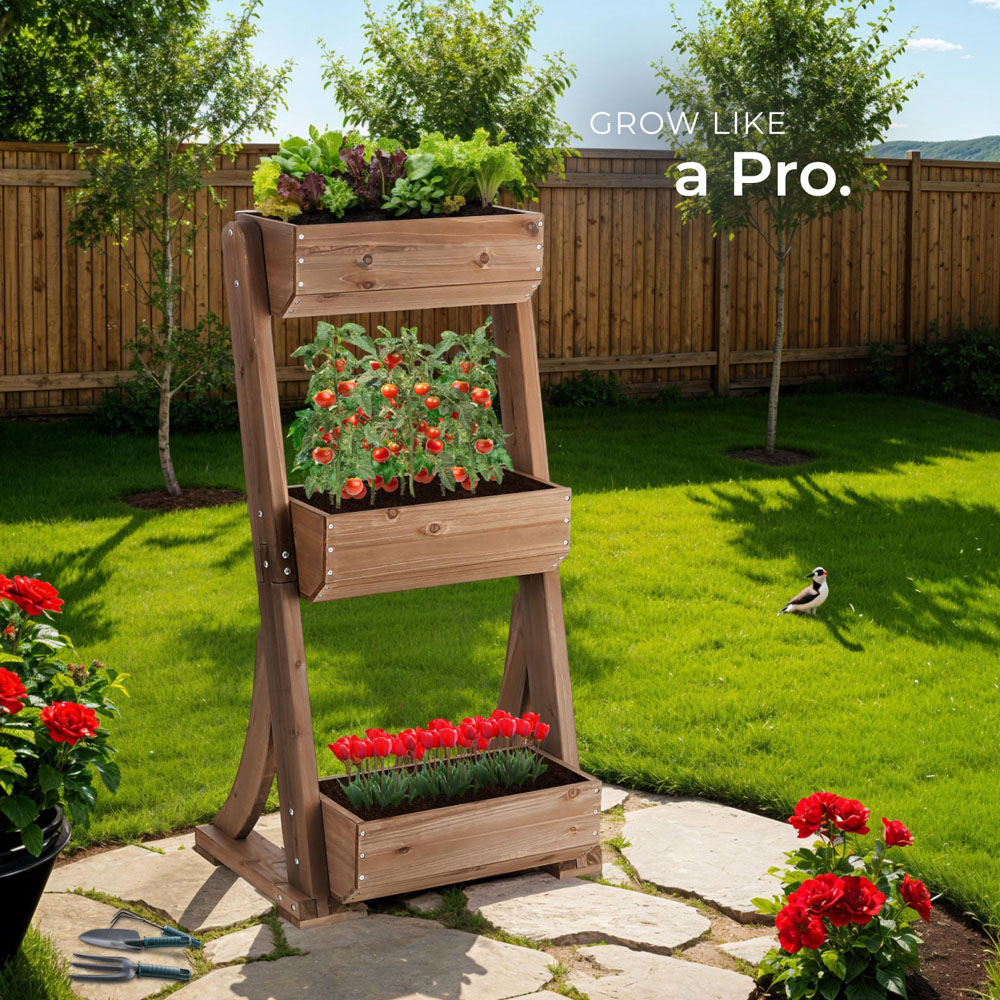 tectake Flora 3-Tier Brown Rustic Wooden Vertical Planter 60 x 49 x 140cm Image 8