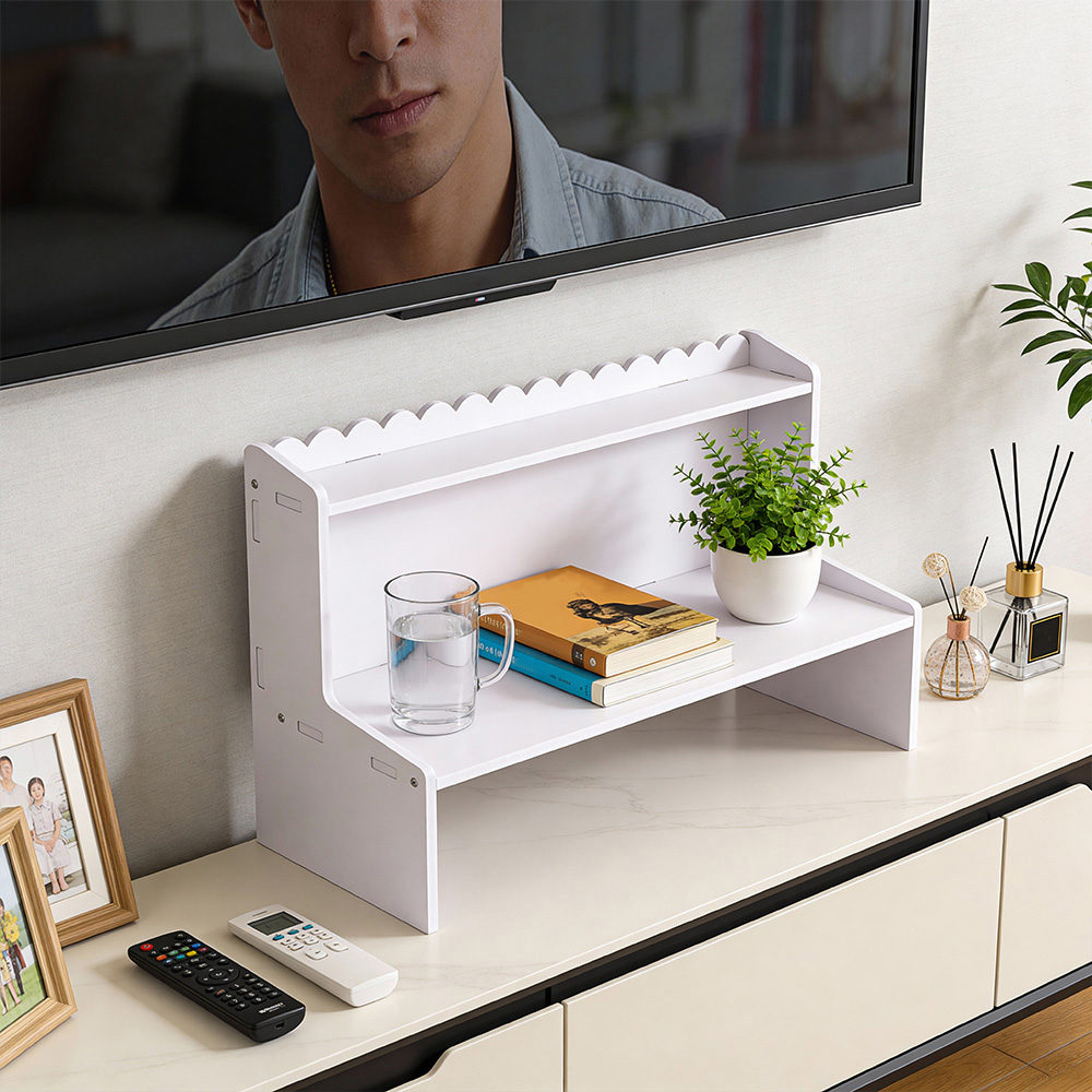 Living and Home 2 Shelf White Desktop Storage Shelf with Raised Base Image 7