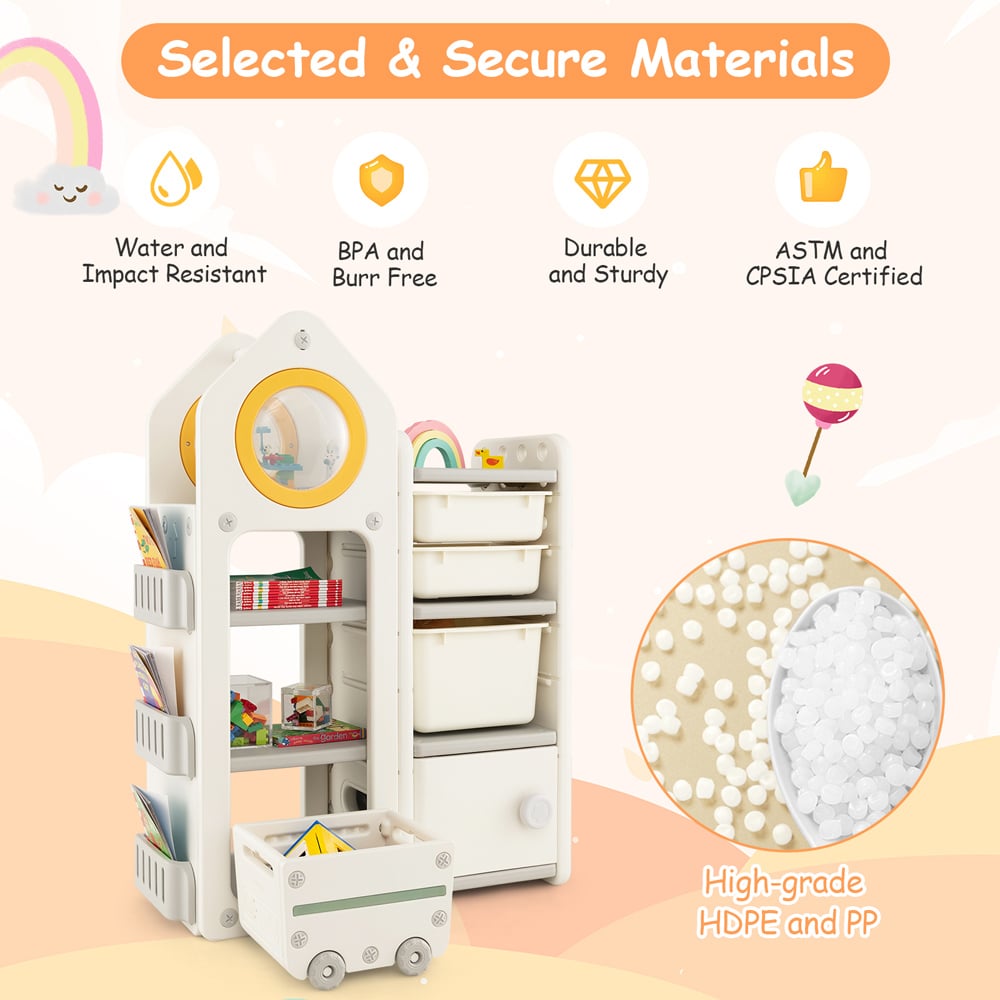 Costway Beige Kids Toy Storage Organiser with Mobile Trolley and Unique Roof Image 5