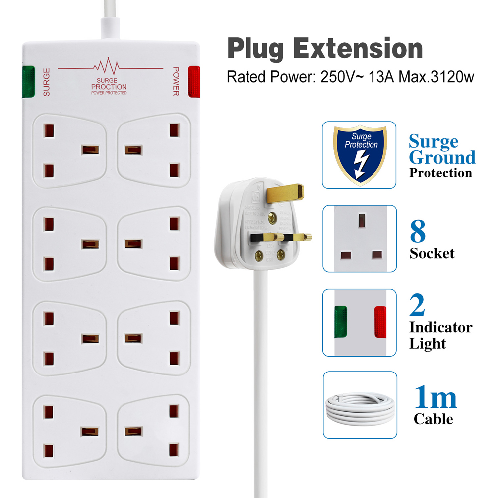 ExtraStar White 13A 1m 8 Socket Surge Protected Extension Lead Image 3