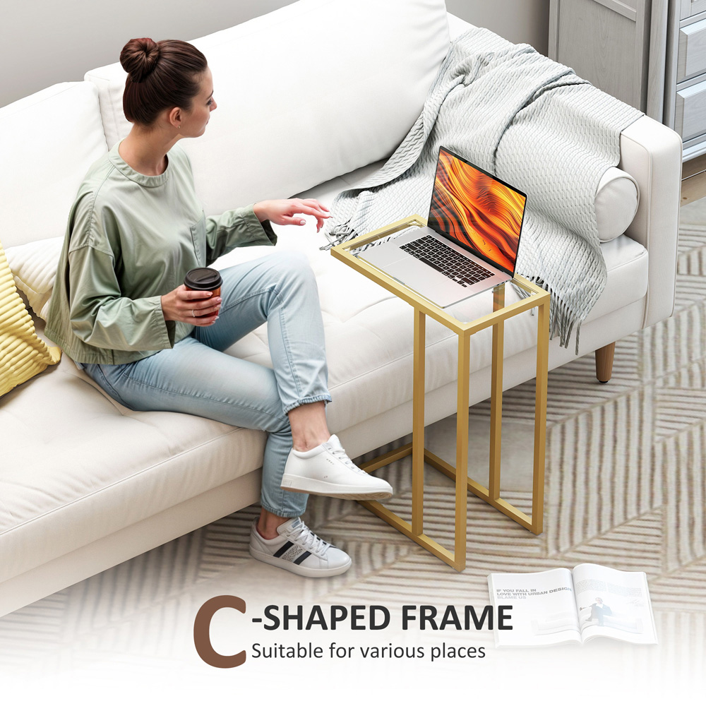 HOMCOM Gold C Shaped Tempered Glass Tabletop Bedside Table Image 8