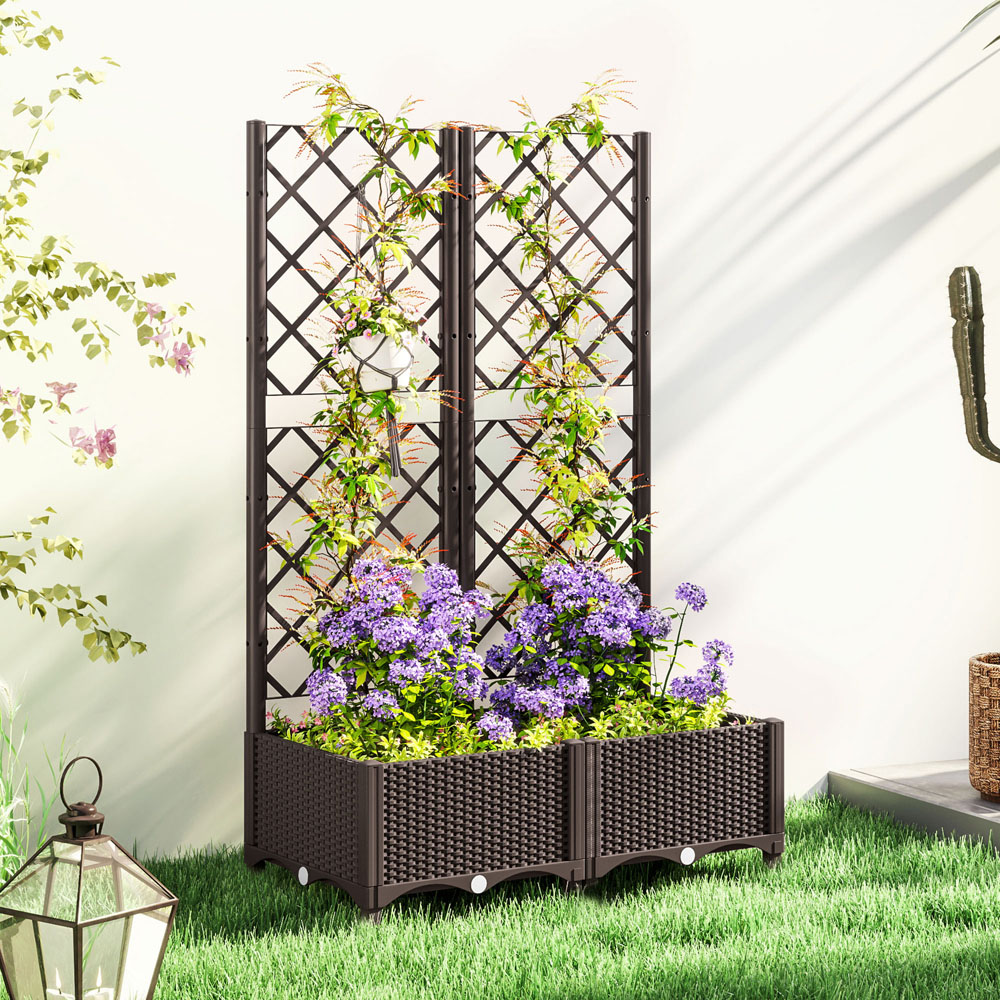 Outsunny Brown Plastic Vegetable Planter Box with Trellis 1.3 x 2.6ft Image 2