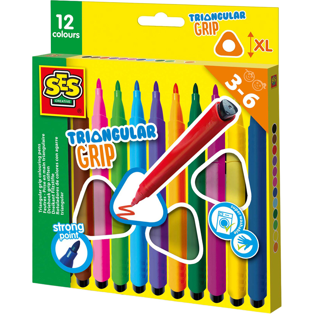 SES Creative Assorted Colour Triangular Grip Colouring Pen 12 Pack Image 1