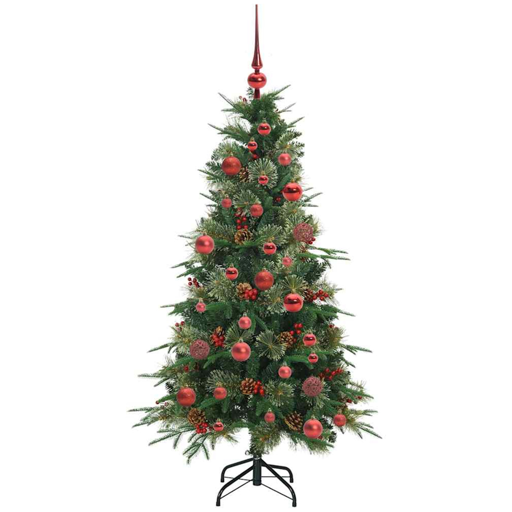vidaXL Pre-Lit Red Baubles Green Artificial Hinged Christmas Tree 5ft Image 4