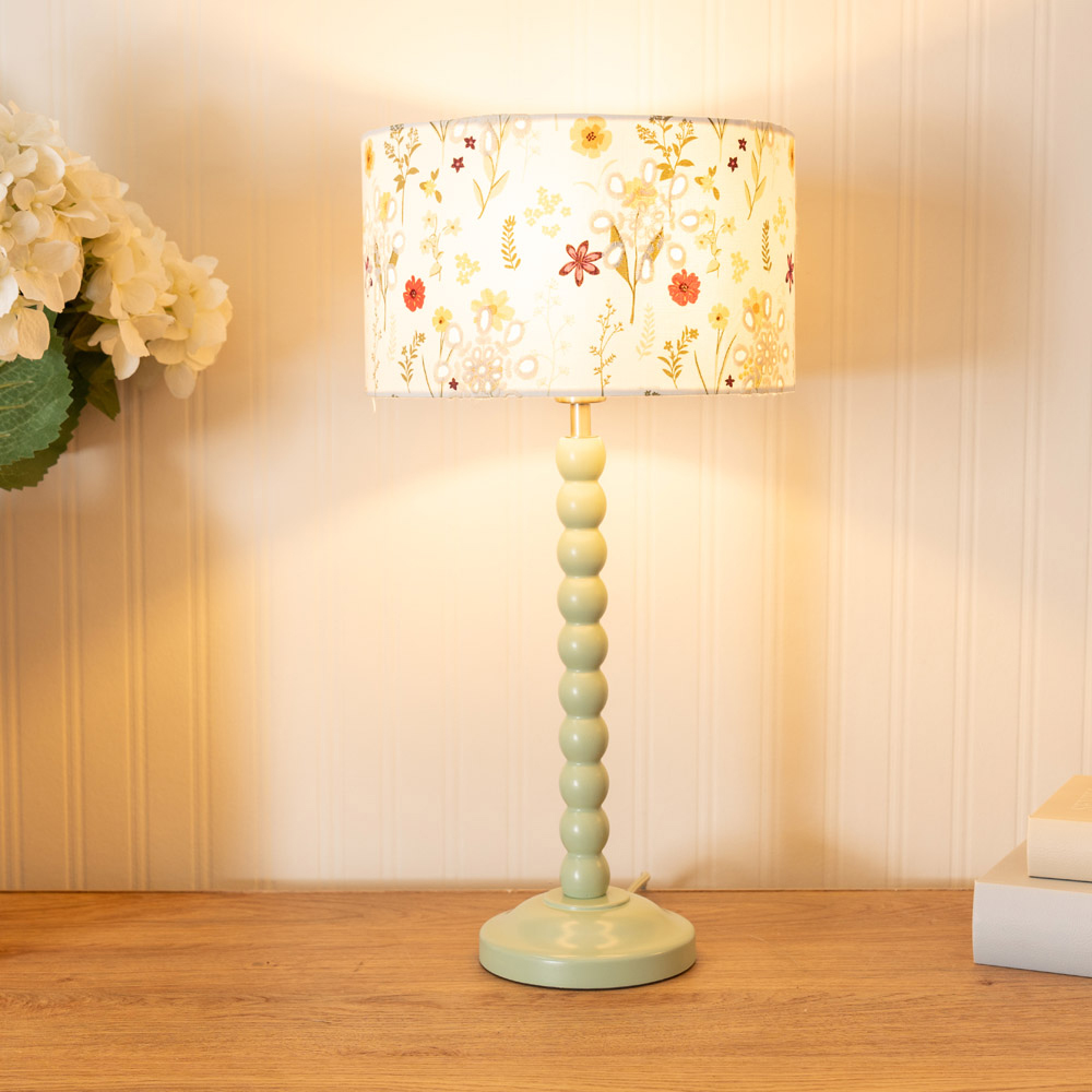 ValueLights Bobbins Floral Embroidered Drum Shade Sage Green LED Table Lamp Image 2