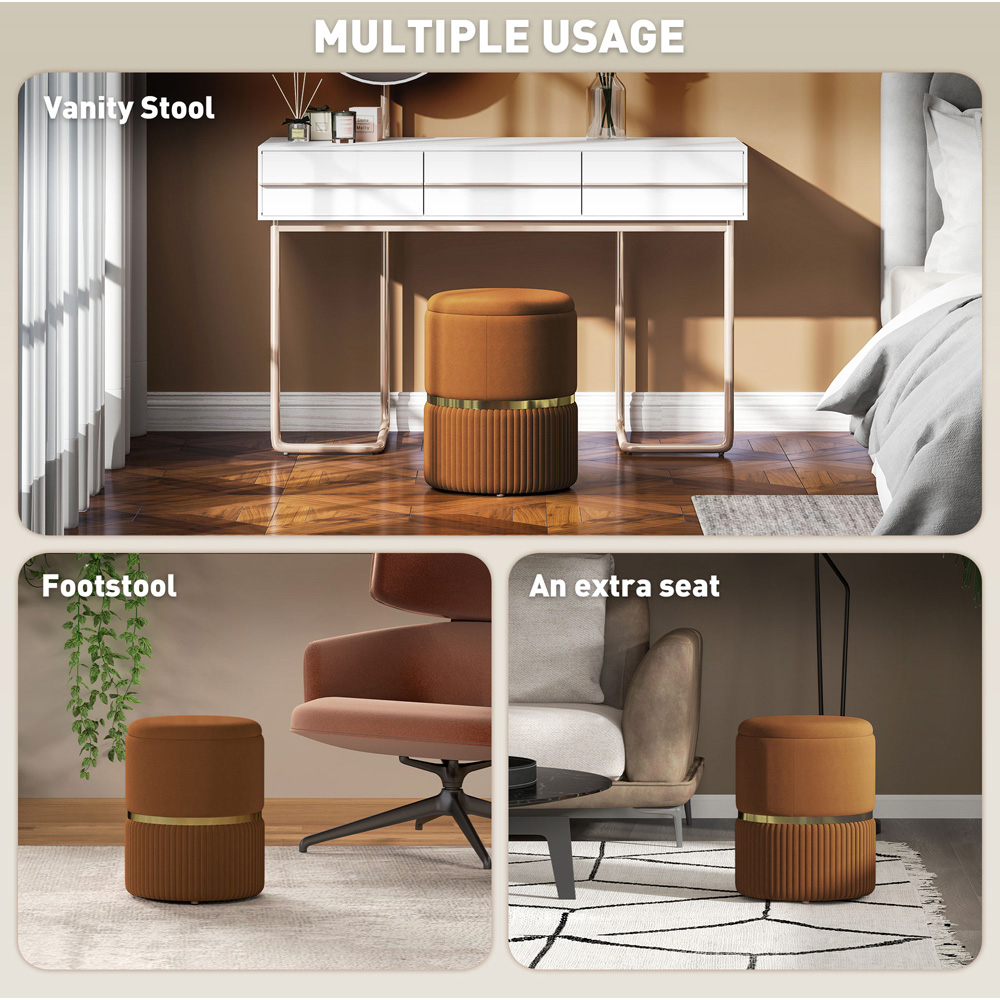 HOMCOM Brown Velvet Feel Round Pouffe Image 7