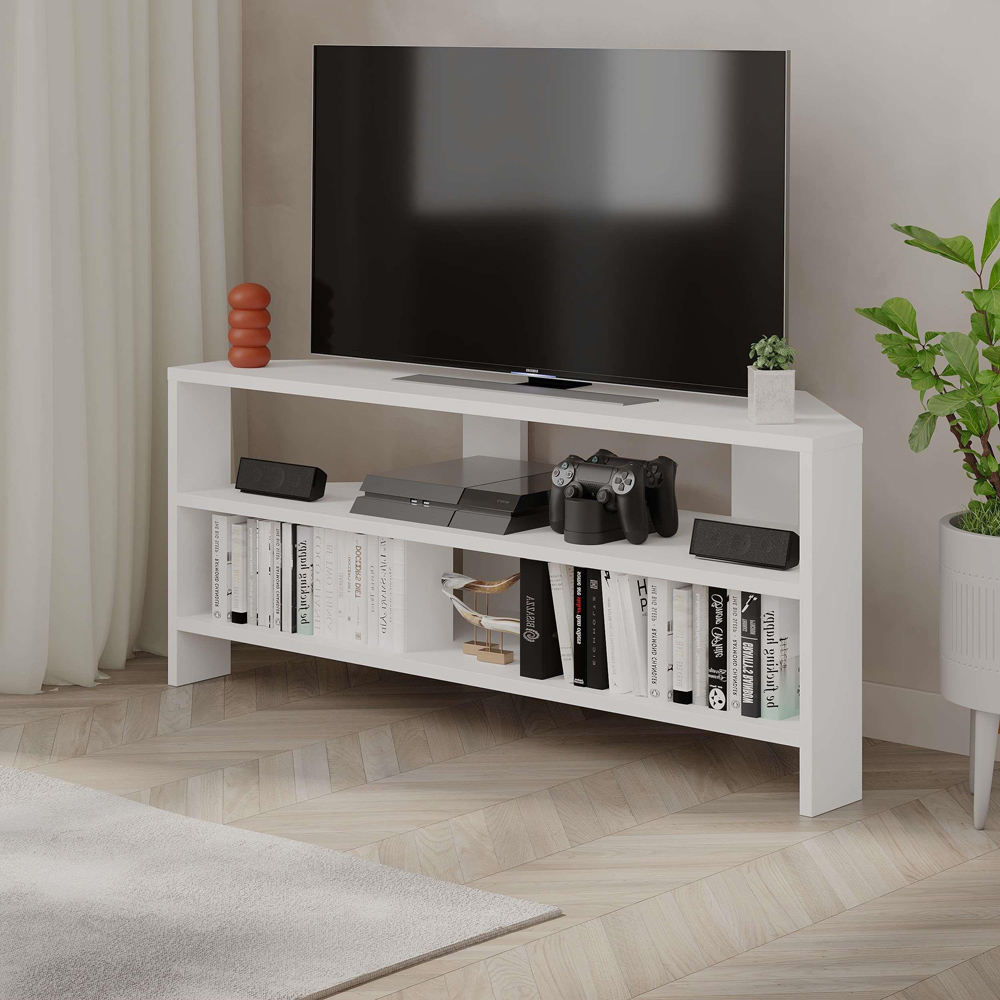 Decortie Thales 2 Shelf White Modern Corner TV Unit Image 3